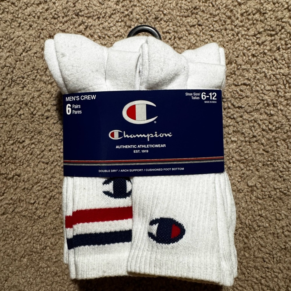 Champion Crew Socks 6-Pairs Men's 6-12 White Brand New